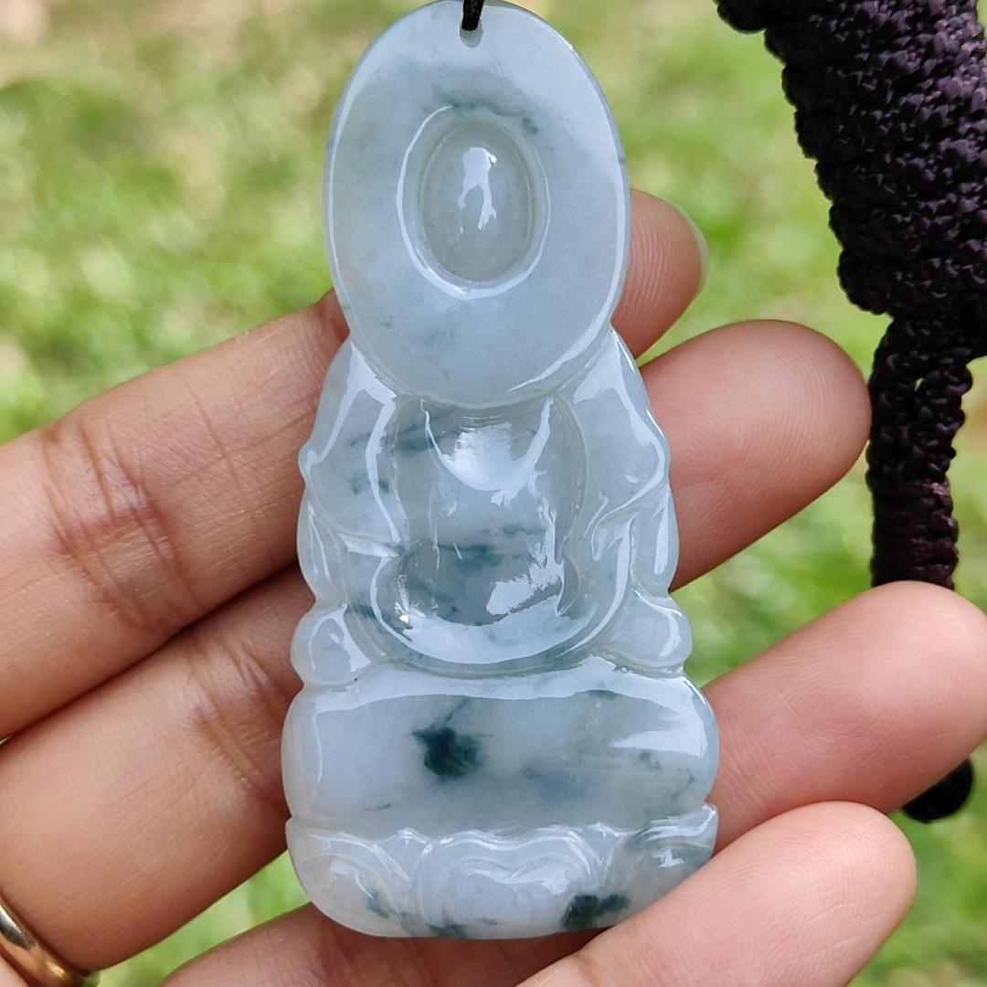 High Quality Light Green Floating Flower Natural Type A Jadeite Jade Crafted as Bodhisattva as Pendant, certificate weighs 19.12 grams, measurement 58.2 * 27 * 7.3 mm (pendant276)