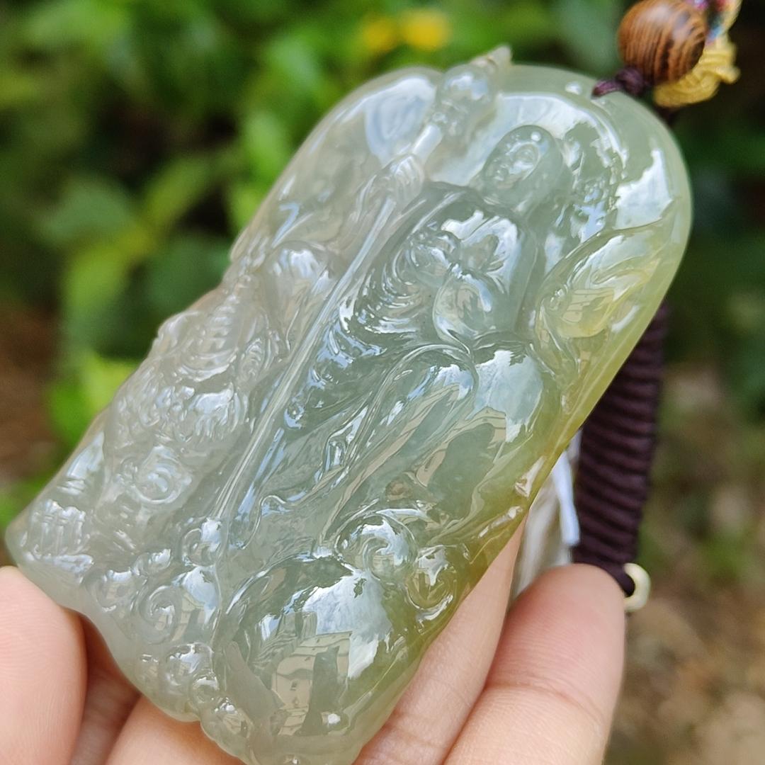 King of the inferno Special Premium Natural Type A Jadeite with Light Green and Yellow come with certificate weight 76.35 grams, 69.50 * 44.30 * 12 mm, very fine translucent rare jadeite pendant for collection (pendant98)