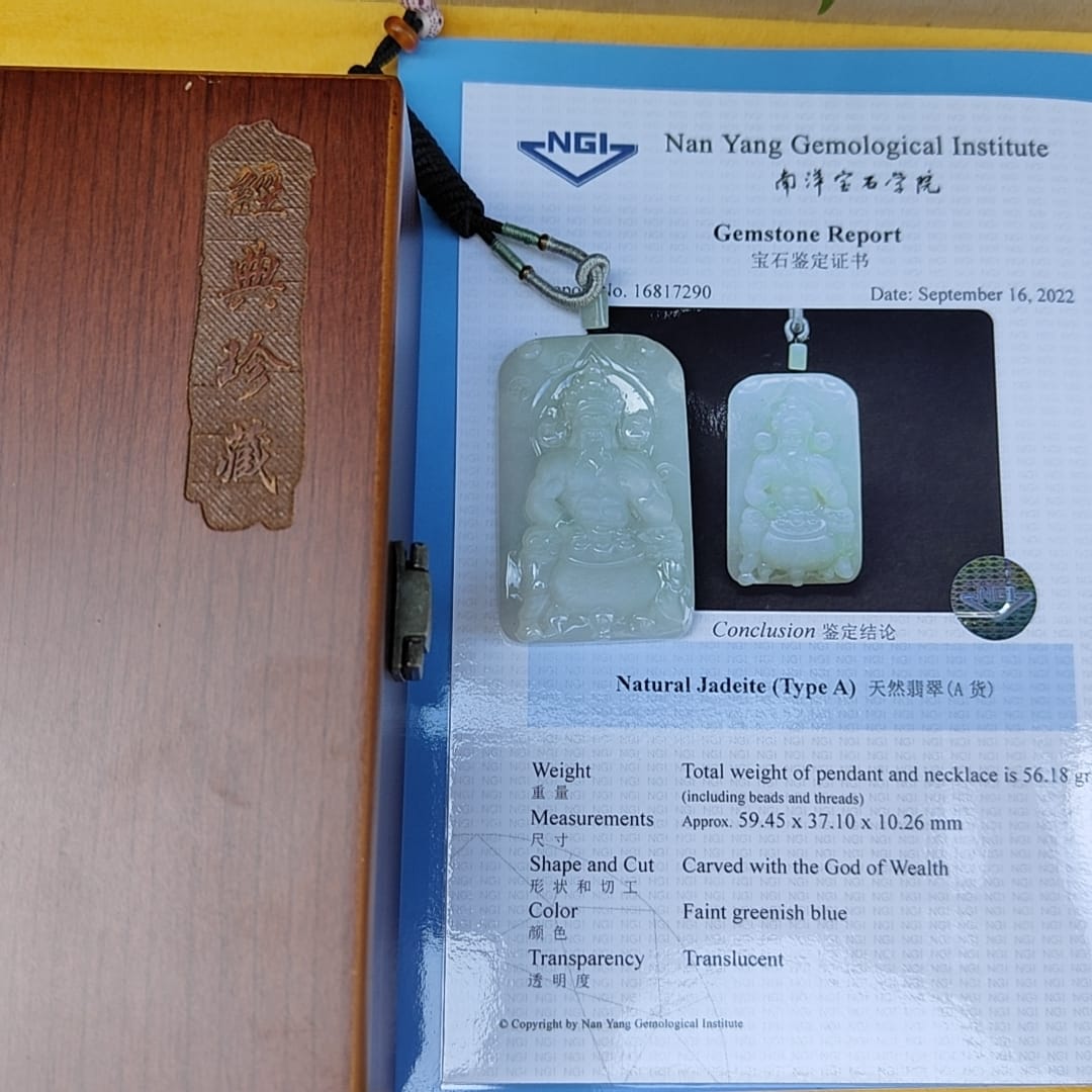 Fortune God with Heng Ong Huat Type A Natural Jadeite Jewelry Pendant with NGI Gemstone report pendant weight 56.18 gram , 59.45 * 37.1 * 10.26 mm - Translucent faint greenish blue (pendant141)