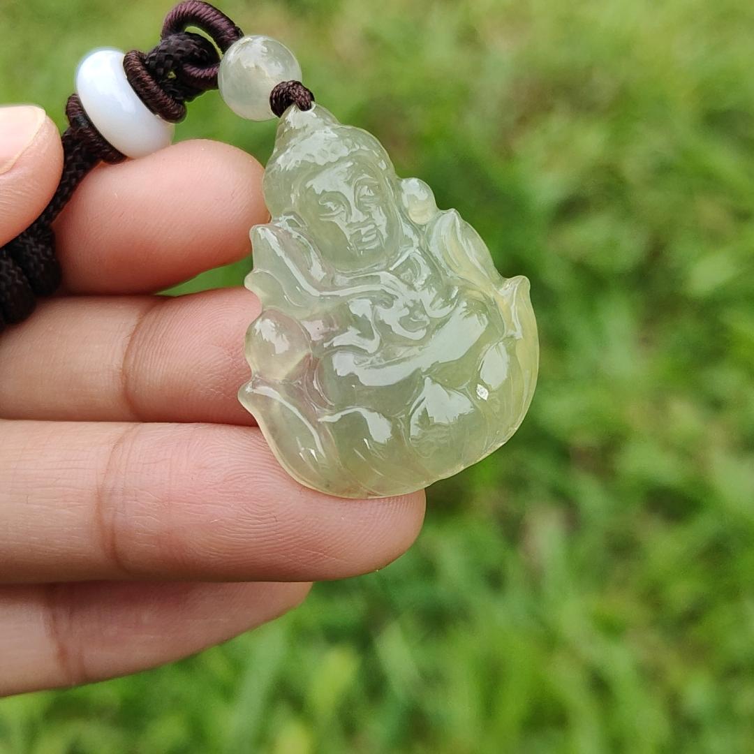 Icy Yellow Natural Type A Jadeite Pendant Necklace crafted as Baby Guanyin seating on Lotus, with certificate weigh 4.78 grams, measurement 31.5 * 26 * 4.3 mm (pendant40)