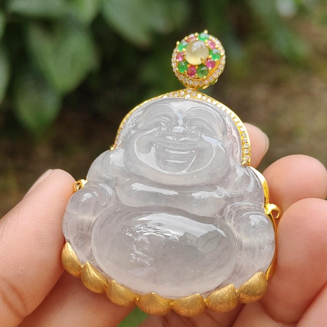 Premium Icy Translucent Natural Type A Jadeite Jade crafted as Milo Buddha set on 18k gold with diamonds as Pendant, certificate weighs 26.07 grams, measurement 38.8 * 40 * 7.2 mm, (18kp41)