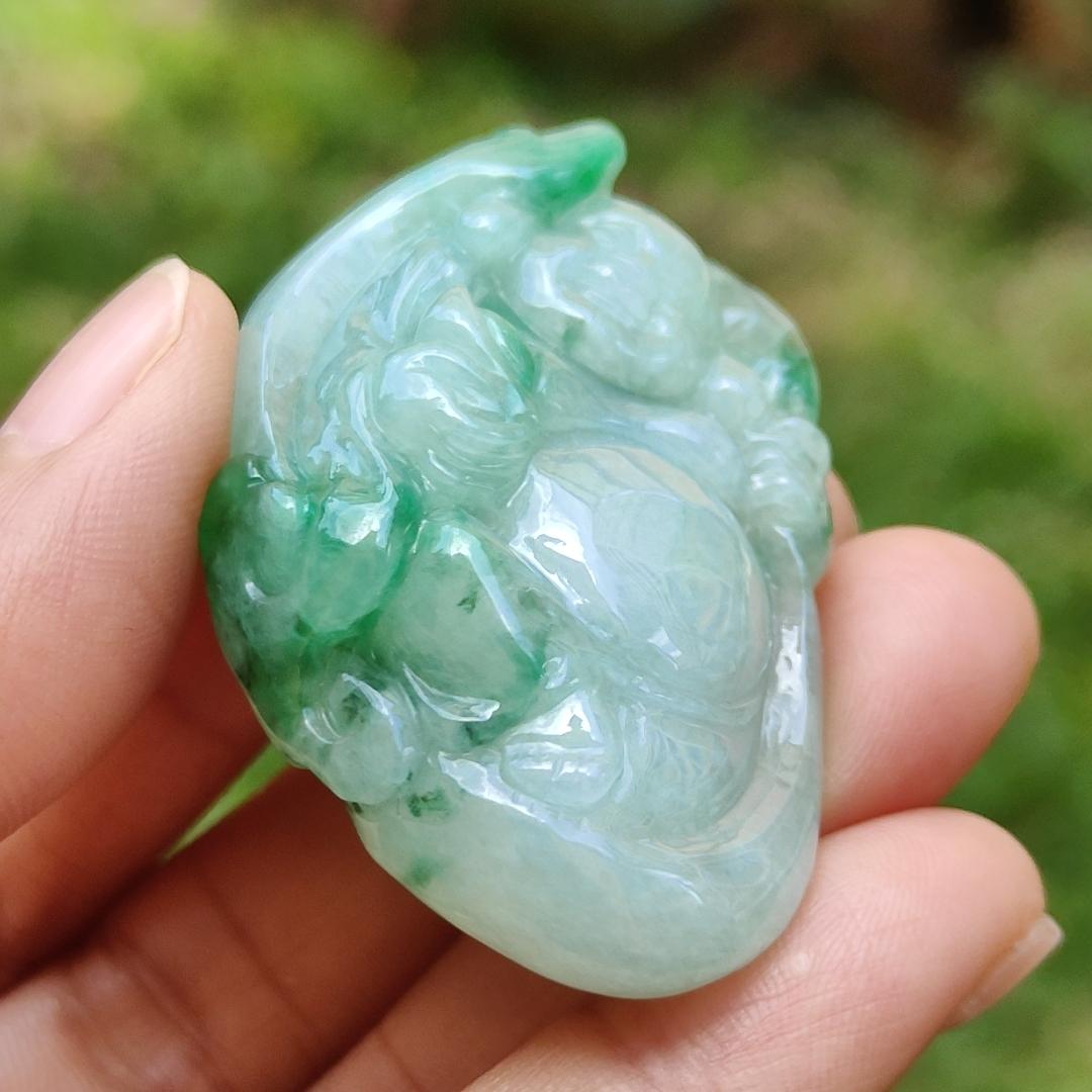 Rare High Quality Light Green and Green Natural Type A Jadeite Jade crafted with Milo Buddha as Pendant, certificate weighs 28.04 grams, measurement 46.3 * 30.3 * 13.9 mm (pendant285)