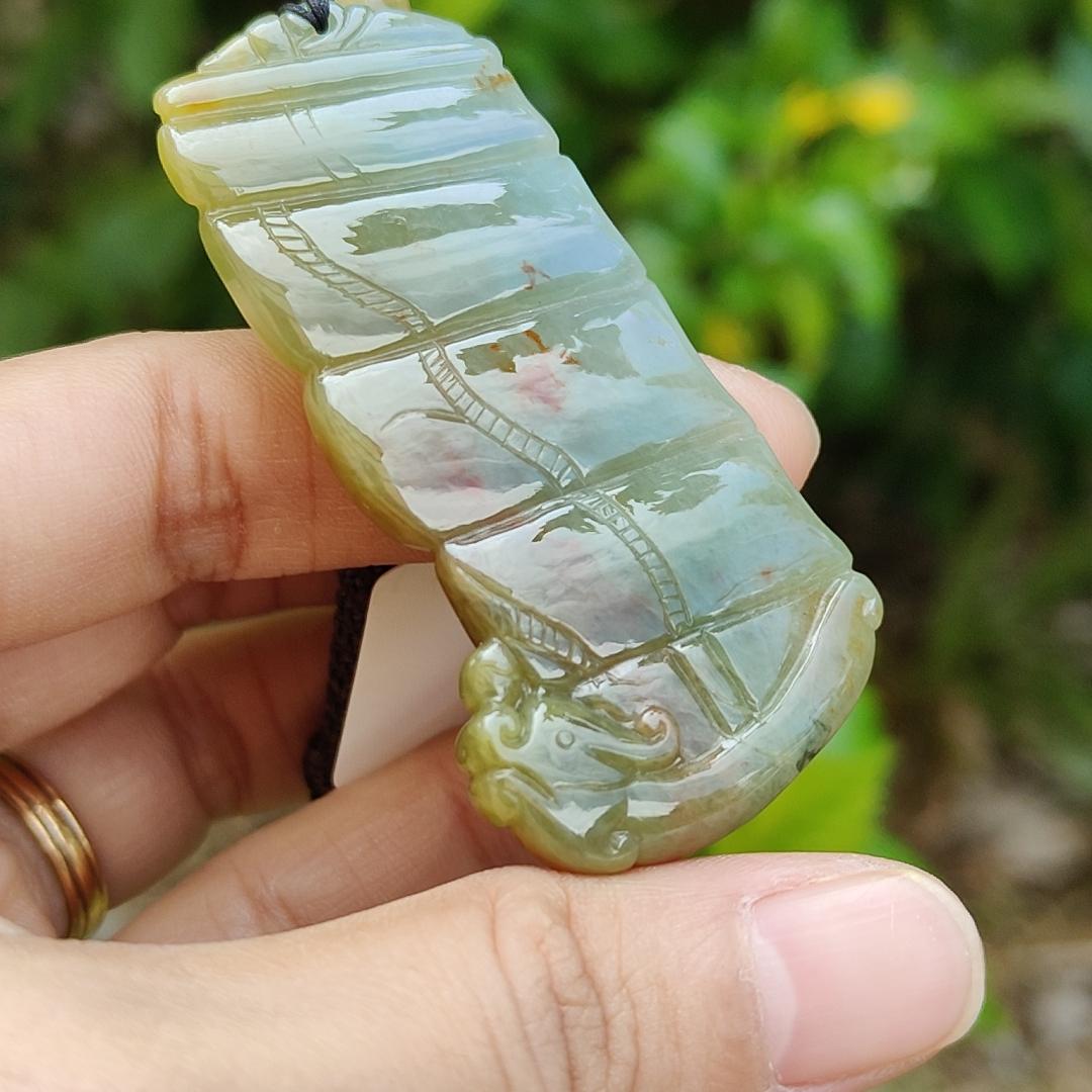 Floating Red and Tea Yellow Natural Type A Jadeite Pendant crafted as Sailboat meaning Smooth sailing in everything, persistence and courage, with certificate weight 18.88 grams, 58.50 * 30.80 * 6.20 mm (pendant109)