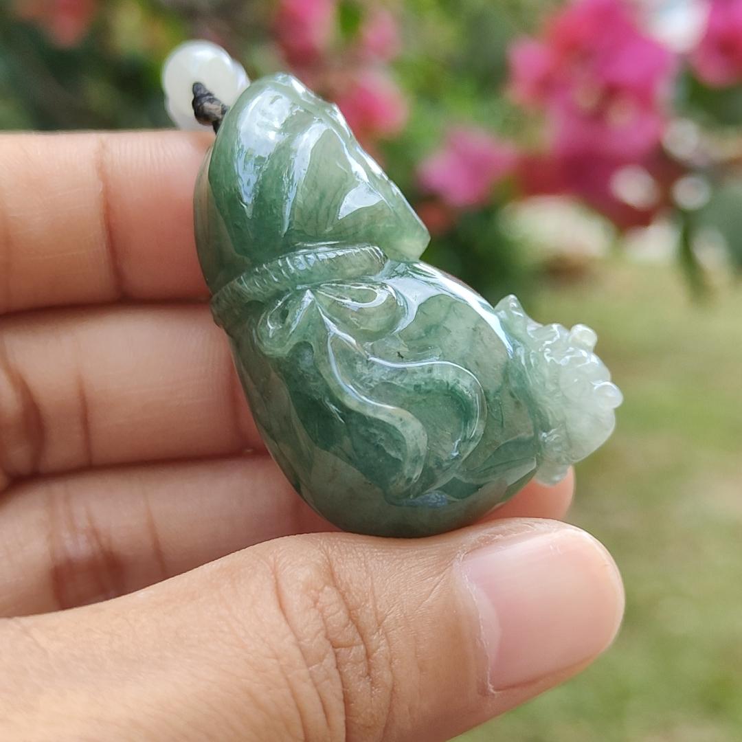 Dark Green Natural Type A Jadeite Jade crafted with Three legs toad on Money Pouch as Pendant with certificate weigh 26.67 grams, measurement 42 * 18.5 * 14 mm (pendant230)