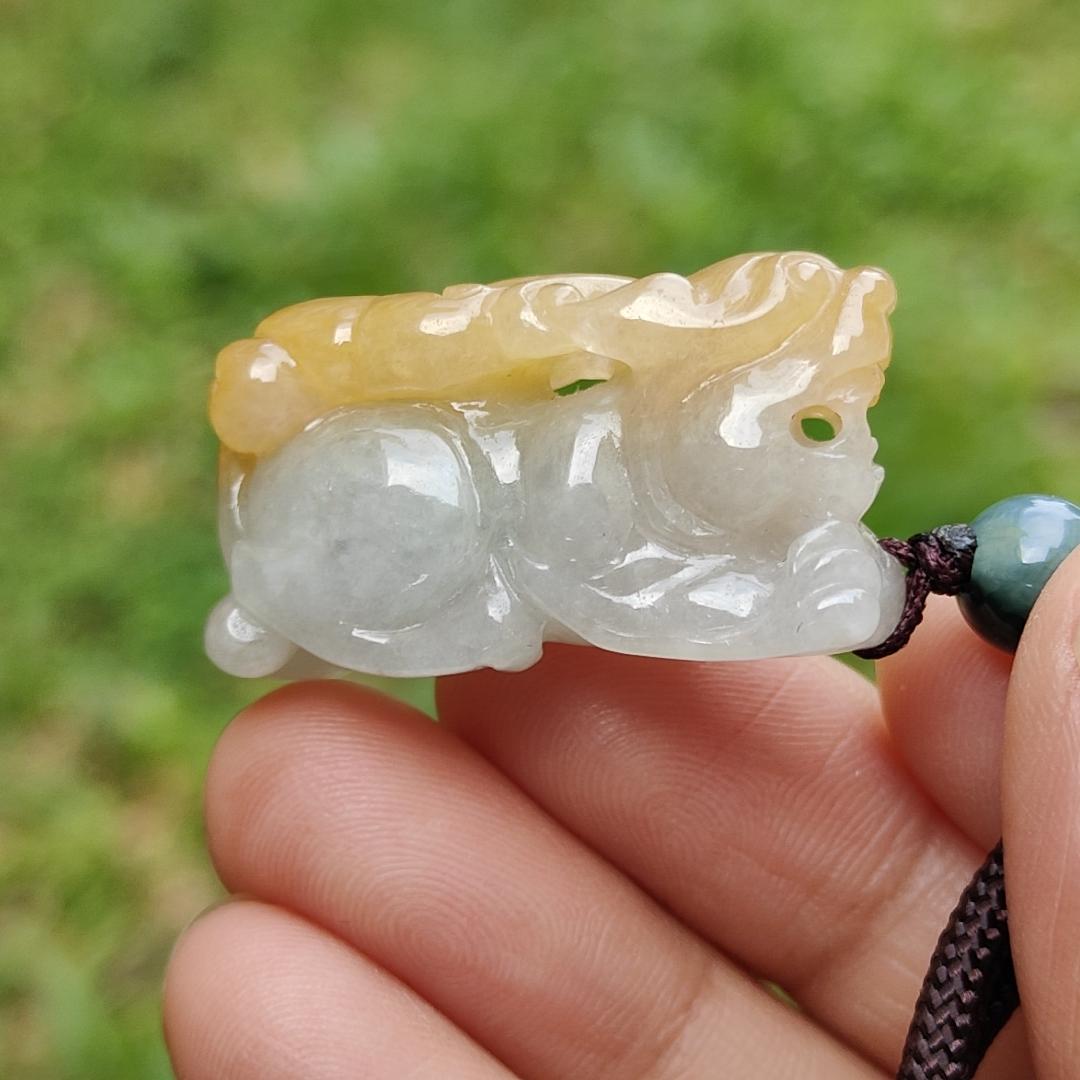 Glutinous Yellow and White Natural Type A Jadeite Pendant Necklace Crafted as Pixiu with certificate weigh 13.83 grams, 32 * 17.5 * 10.8 mm (pendant102)