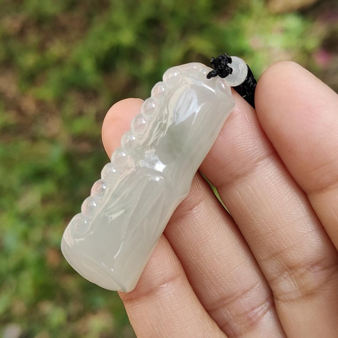 Special Offer Price Semi Icy Bamboo Natural Type A Jadeite Pendant Necklace with QIC approved labs certificate weigh 13.67 grams, 44.3 * 16 * 8.7 mm, symbols of Rising higher and everlasting, suitable for daily wear (pendant53)