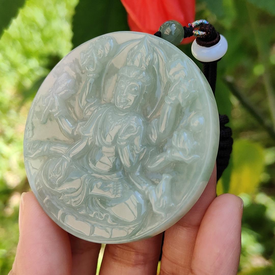 Light Green Natural Type A Jadeite Pendant Necklace crafted as Thousand Hands Guanyin with certificate weigh 48.82 grams, 57.6 * 57.6 * 7.2 mmsymbols of Eliminate obstacles and resolve all disasters, peace and auspiciousness for daily wear (pendant43)