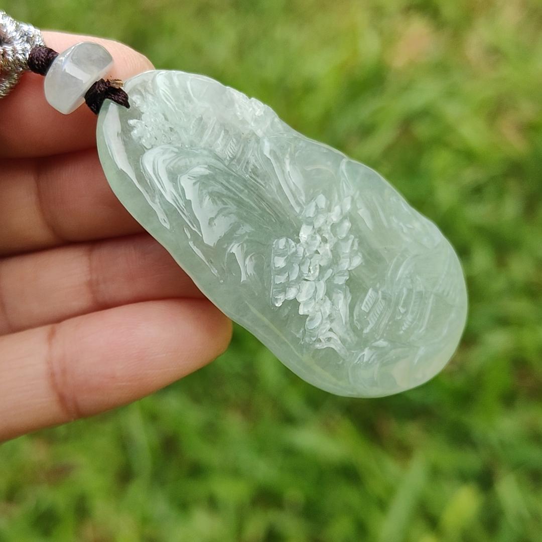 Premium Full Light Green with Good Translucency Natural Type A Jadeite Pendant Necklace crafted with Moutain, Trees, Houses, Bride and Running Water with certificate weigh 28.09 grams, 54 * 29.8 * 9.8 mm (pendant36)