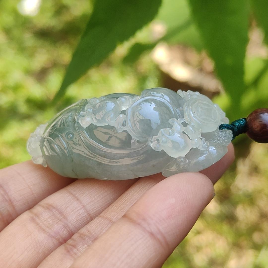 Premium Light Green Semi Icy Natural Type A Jadeite Jade Pendant crafted with frogs, coins and lotus with certificate weigh 35.12 grams, measurement 50.7 * 24.7 * 18.2 mm (pendant193)