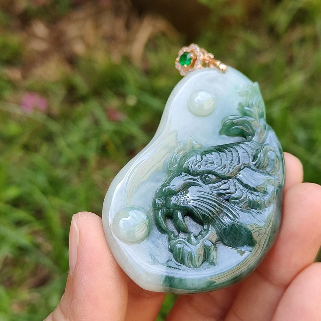 Very Rare Green Tiger Natural Type A Jadeite Pendant with certificate weight 32.24 grams, 62.70 * 41 * 7.60 mm, excellent for the tiger's lover collection for your daily wear (pendant113)