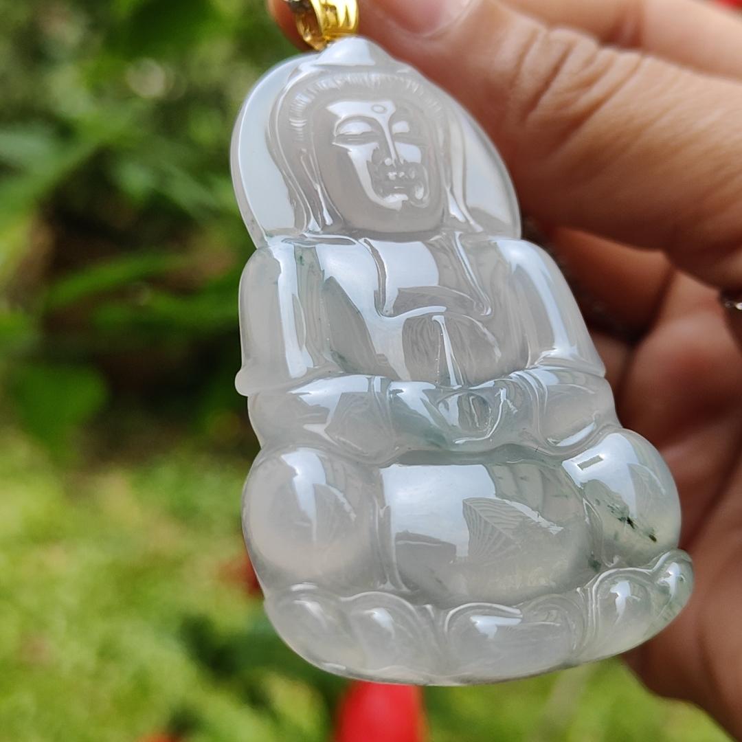 Premium High Quality Natural Type A Jadeite Jade crafted as seating Guanyin set with 18k gold clasp as Pendant, Certificate weighs 21.43 grams, measurement 59.1 * 35.6 * 6.1 mm (18kp54)