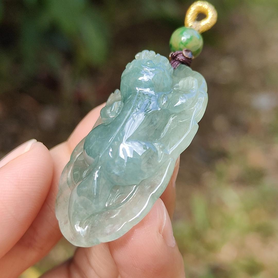 Green Natural Type A Jadeite Jade crafted with Pixiu as Pendant, certificate weighs 12.84 grams, measurement 40 * 23.8 * 10 mm (pendant251)