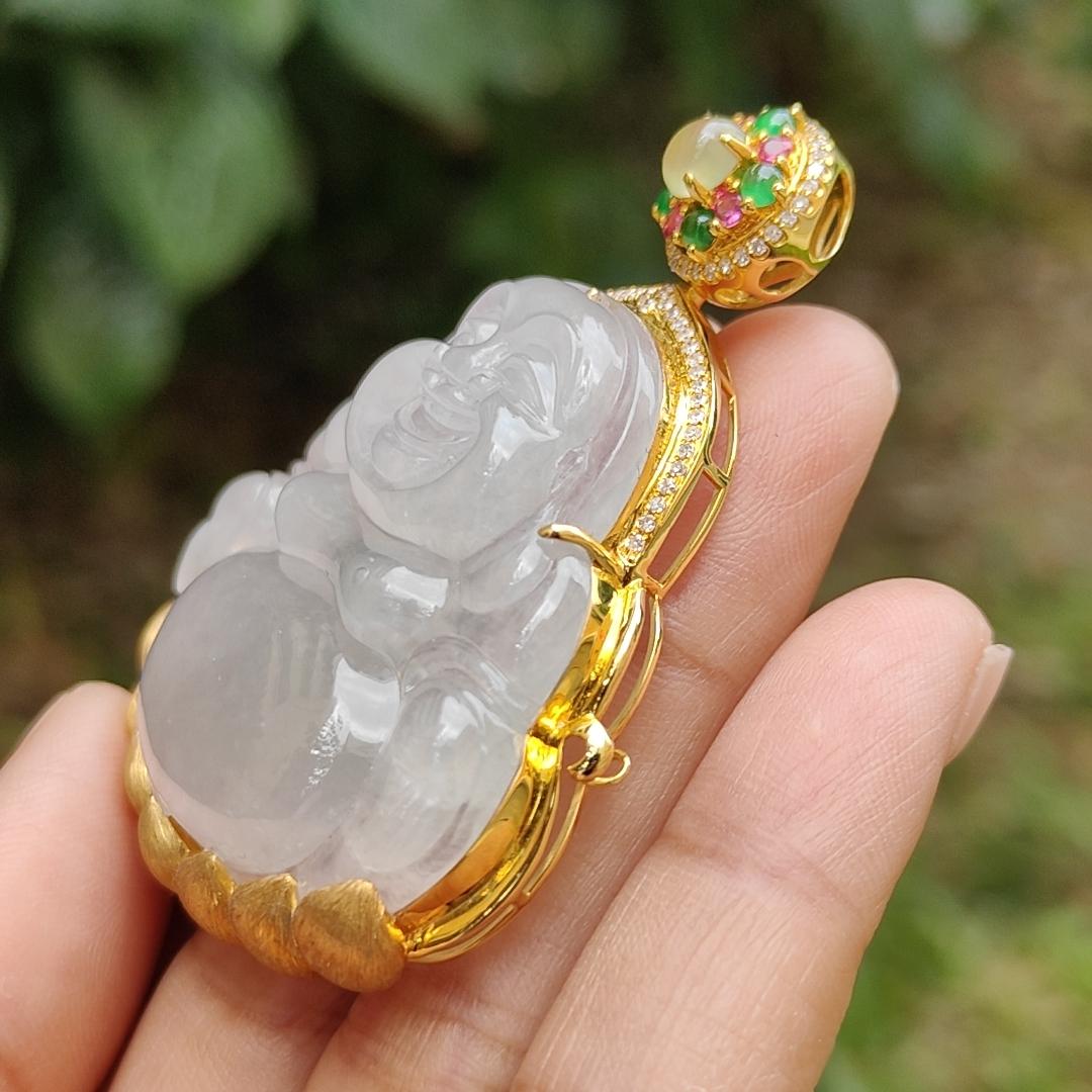 Premium Icy Translucent Natural Type A Jadeite Jade crafted as Milo Buddha set on 18k gold with diamonds as Pendant, certificate weighs 26.07 grams, measurement 38.8 * 40 * 7.2 mm, (18kp41)