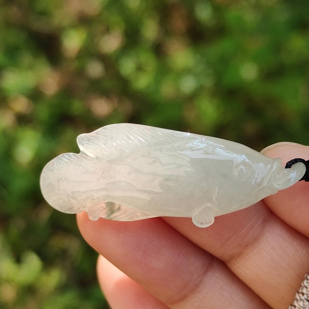 Icy with green patches Natural Type A Jadeite Pendant Necklace crafted with Fish biting Chinese coin, QIC approved labs certificate included weigh 8.7 grams, 43.1 * 15 * 8.1 mm (pendant136)