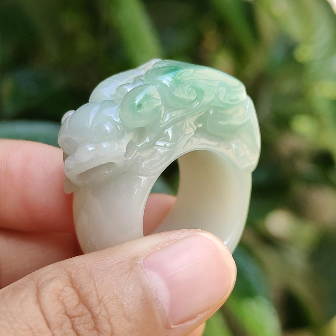 Rare Quality Light Green with White Natural Type A Jadeite Jade crafted with Pixiu and Ruyi as Ring, certificate weigh 31.97 grams, measurement 36.2 * 16 * 13, Finger size 19.5 mm (ring5)