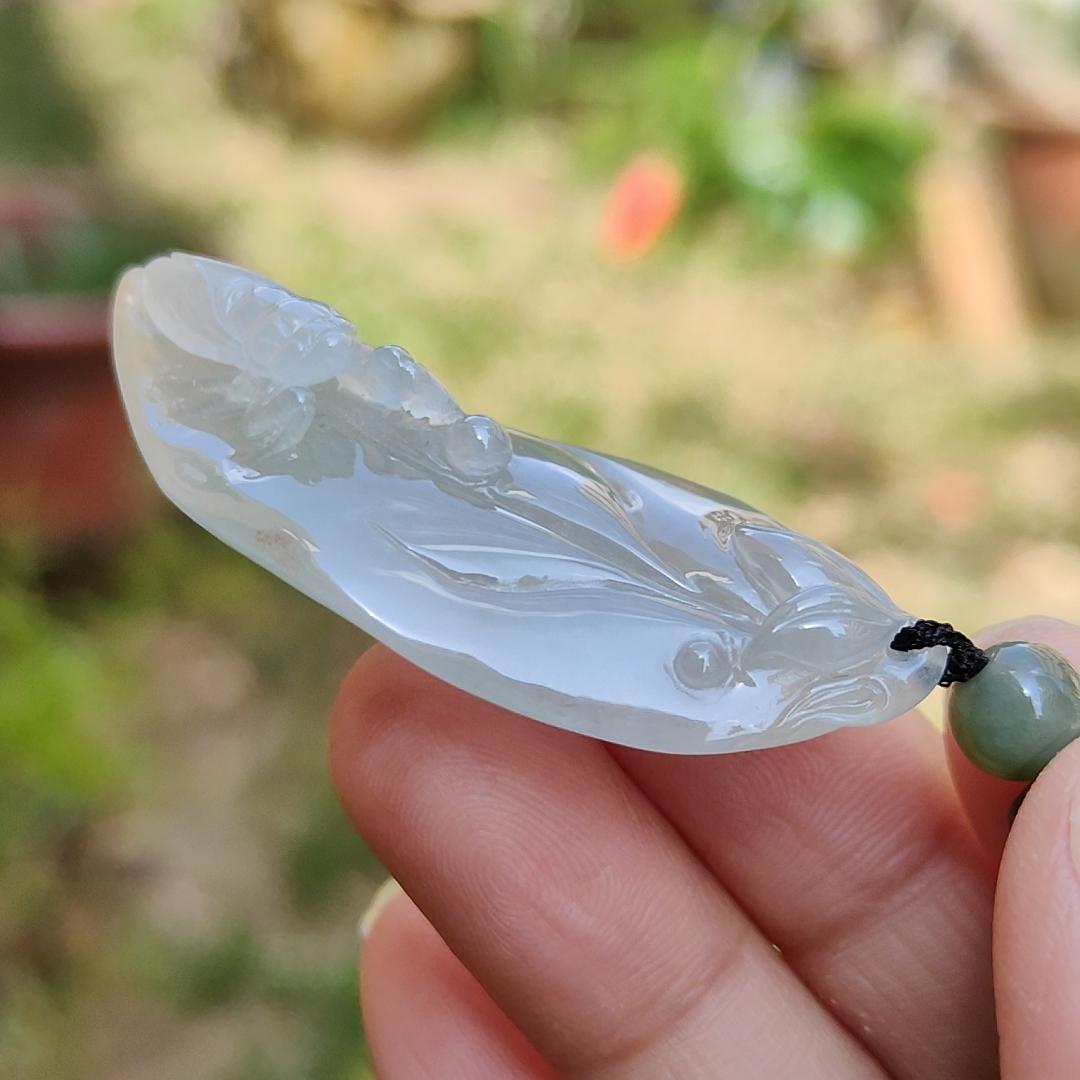 Icy Translucent with Yellow Patches Natural Type A Jadeite Jade crafted with leaf and Cicada as a Pendant, certificate weigh 13.68 grams, measurement 52 * 21.7 * 11.8 mm (pendant224)