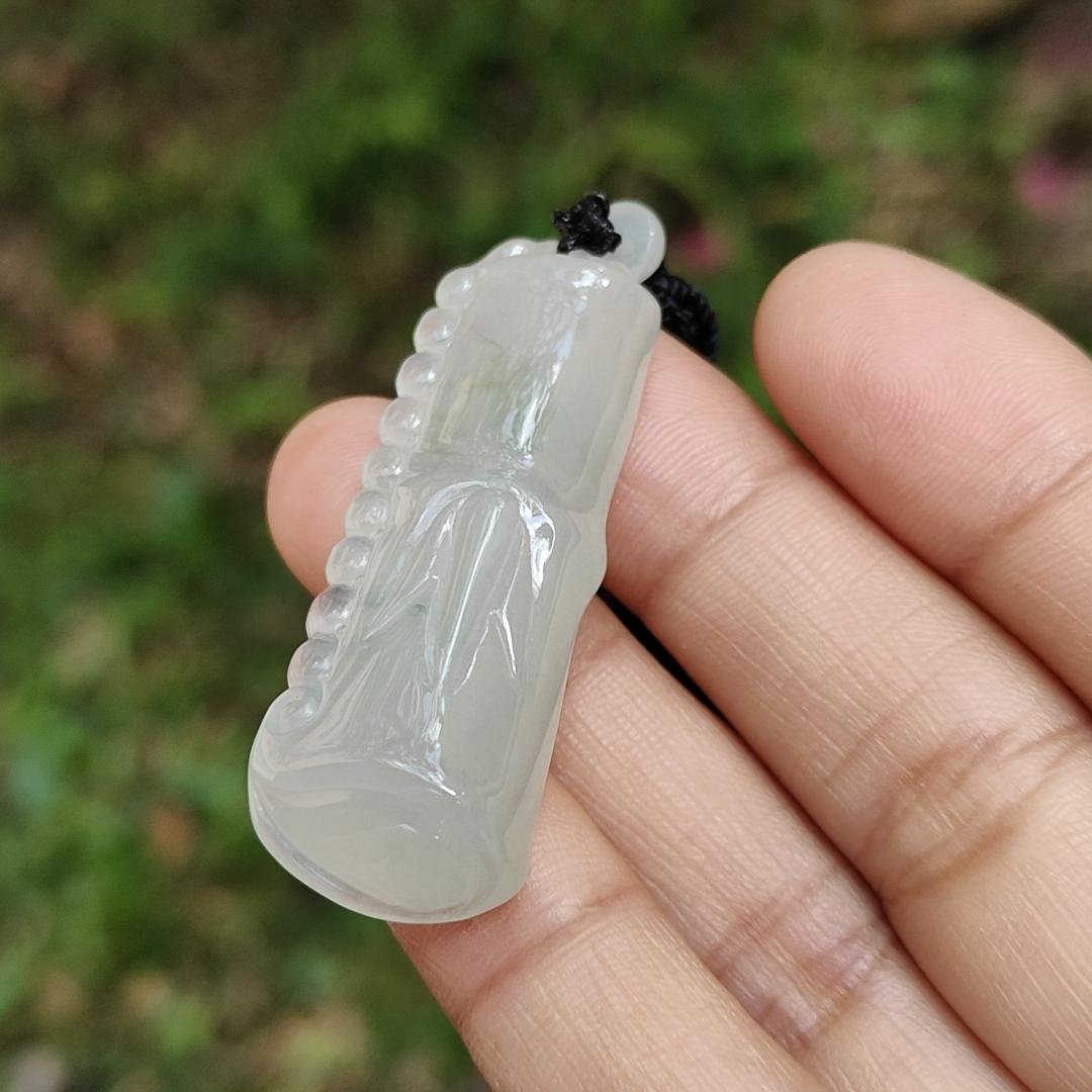 Special Offer Price Semi Icy Bamboo Natural Type A Jadeite Pendant Necklace with QIC approved labs certificate weigh 13.67 grams, 44.3 * 16 * 8.7 mm, symbols of Rising higher and everlasting, suitable for daily wear (pendant53)