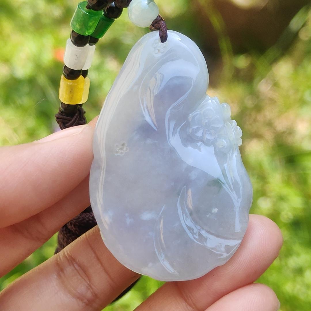 A Lavender with spread of brown and green patches Natural Type A Jadeite Jade Pendant Crafted with deer and flower, certificate weigh 24.4 grams, measurement 51.5 * 33.7 * 7.8 mm (pendant192)1