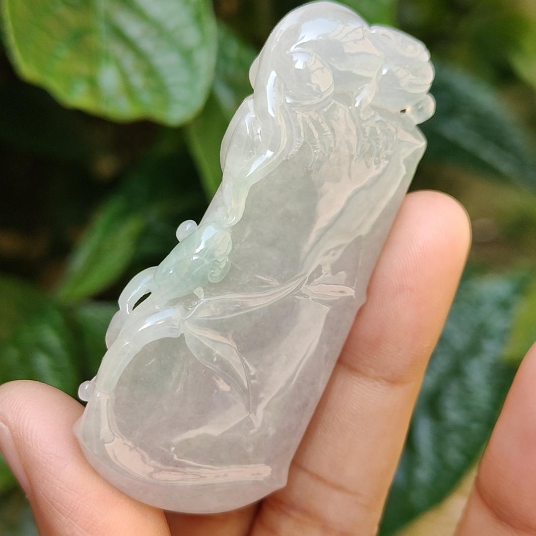 Semi Icy Lavender with green Natural Type A Jadeite Jade crafted with Bamboo and lizard as Pendant, certificate weigh 43.34 grams, measurement 64.3 * 30.5 * 10 mm (pendant196)