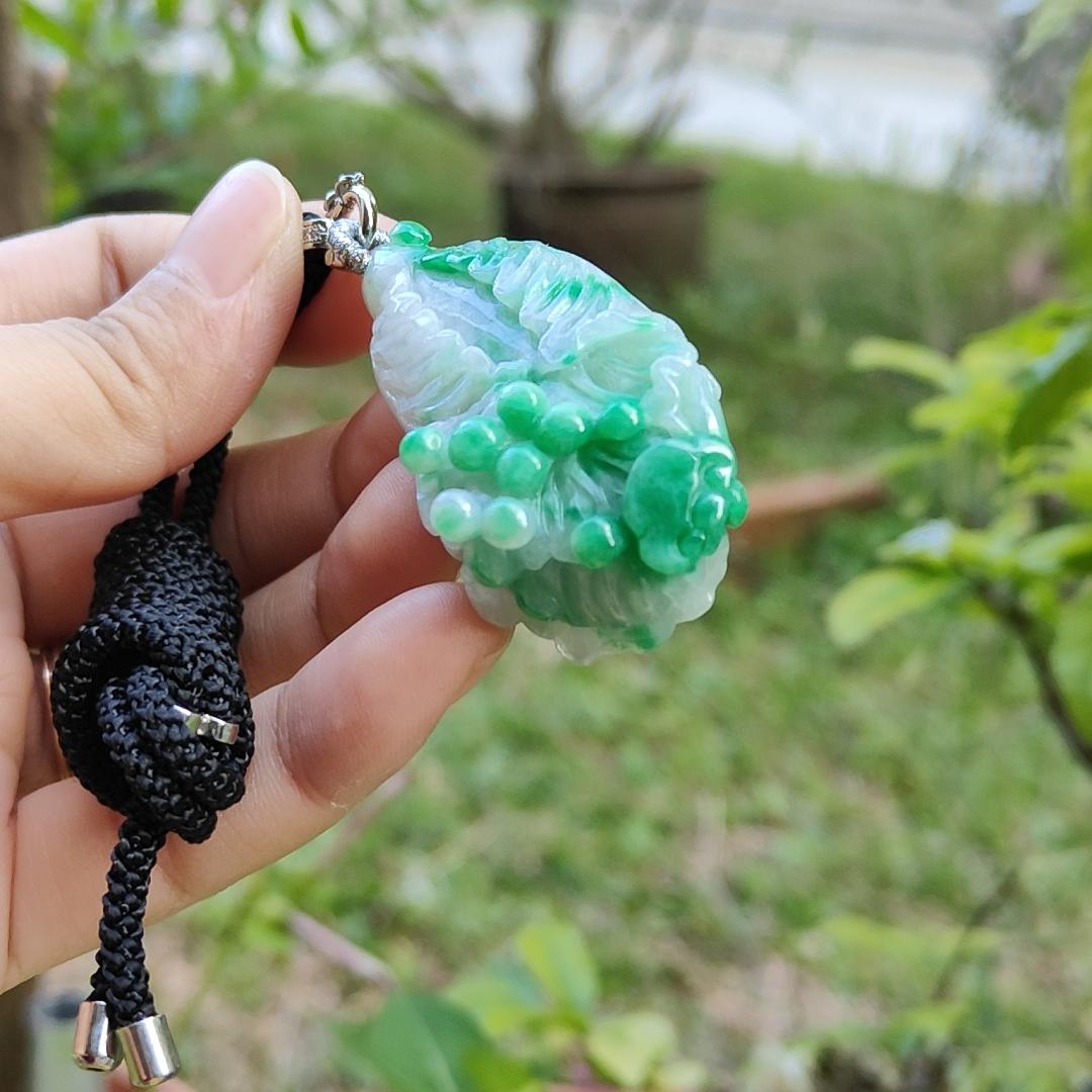 Natural Type A Jadeite carved as cabbage with ruyi - NGI Certification , Weight 83.45 g , Translucent with faint green and green patches ,  [45.47 * 25.39 * 9.31 mm] , Premium Myanmar Jadeite Pendant (pendant150)