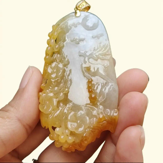 Very Rare Orange Yellow Natural Type A Jadeite Jade crafted with Deer added with 18k Gold Clasp as Pendant, certificate weighs 33.26 grams, measurement 64.8 * 35.2 * 8.5 mm (18kp48)