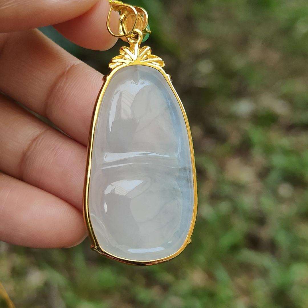 Icy Translucent Natural Type A Jadeite Jade crafted as Bamboo set on 18k gold with diamonds as Pendant, certificate weighs 9.99 grams, measurement 38.2 * 21.6 * 4.9 mm (18kp40)