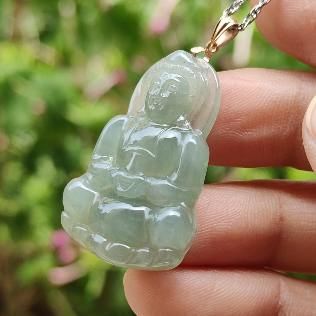 Light Green Good Translucent Natural Type A Jadeite Jade crafted with Guanyin 18k gold clasps as Pendant, certificate weighs 6.36 grams, measurement 32.2 * 21 * 5.8 mm (18kp49)