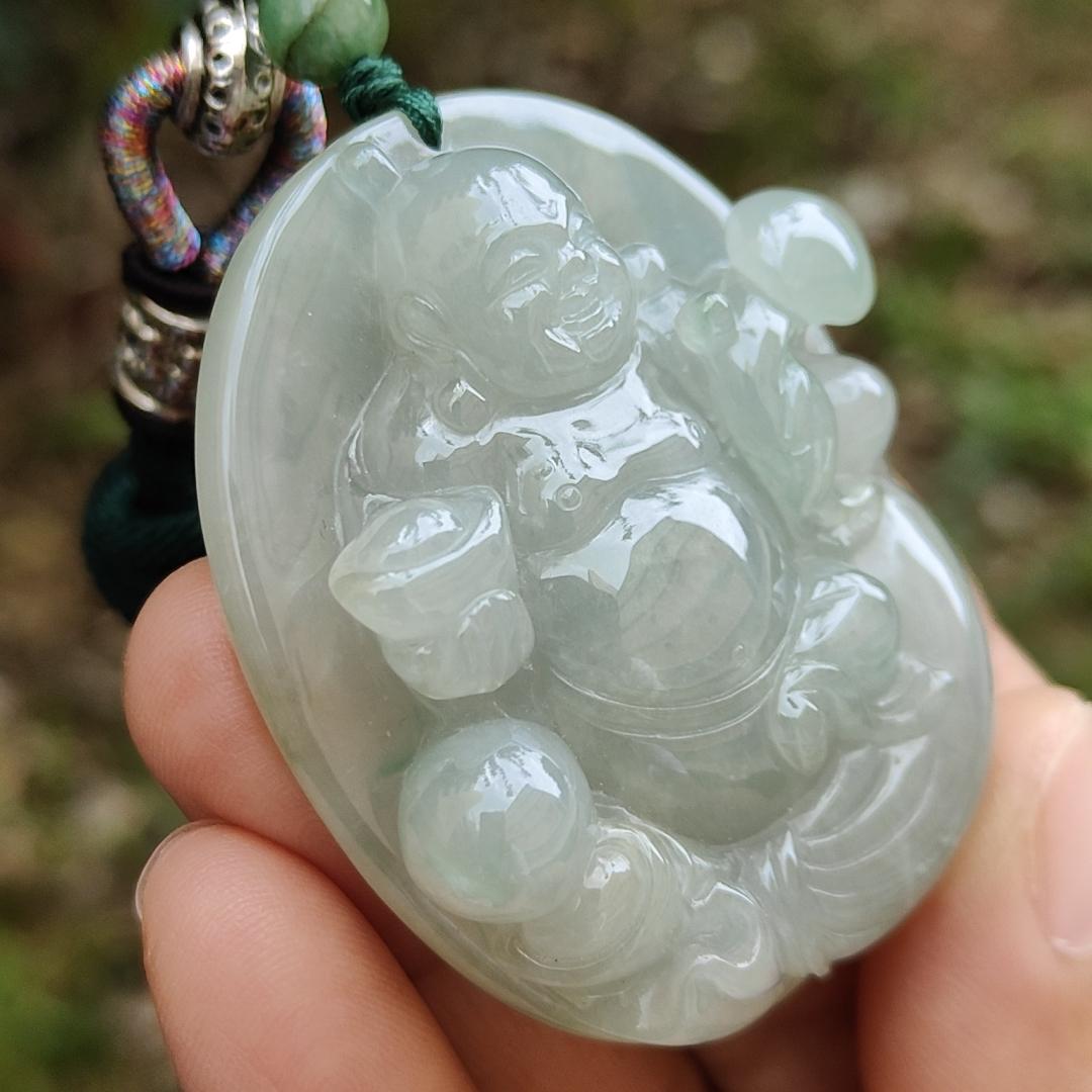 High Quality Natural Type A Jadeite Jade crafted as Ruyi Milo Buddha as Pendant, certificate weighs 47.74 grams, measurement 50.2 * 40.5 * 12.9 mm (pendant254)