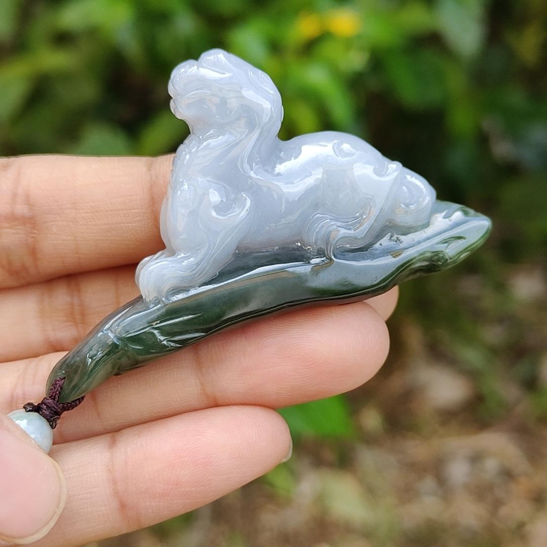 Lavender and Green Natural Type A Jadeite Handheld Piece crafted with Pixiu meaning rich, happiness and good luck with certificate weight 29.97 grams, 61.30 * 10.70 * 34.60 mm, also suitable for display anywhere at home, car or office (hand1)