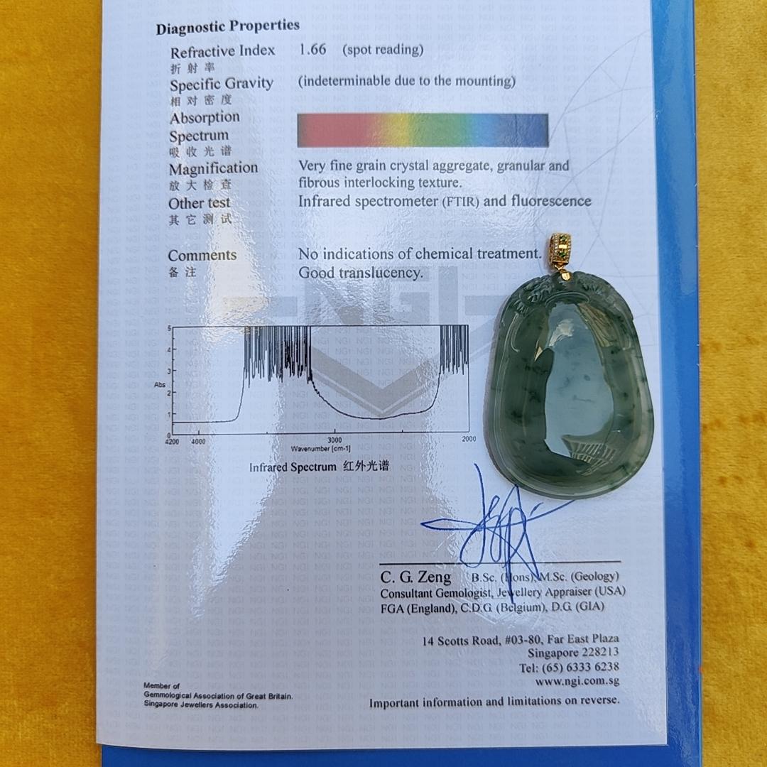 Double Dragon Floating Green Flower clouds 18k gold Natural Type A Jadeite pendant  with NGI Gemstone report carved as wu shi pai weight 34.82 grams , 53.06 * 38.86 * 9.37 mm , Translucent Very Fine Grain with patches of bluish green (18kp3)