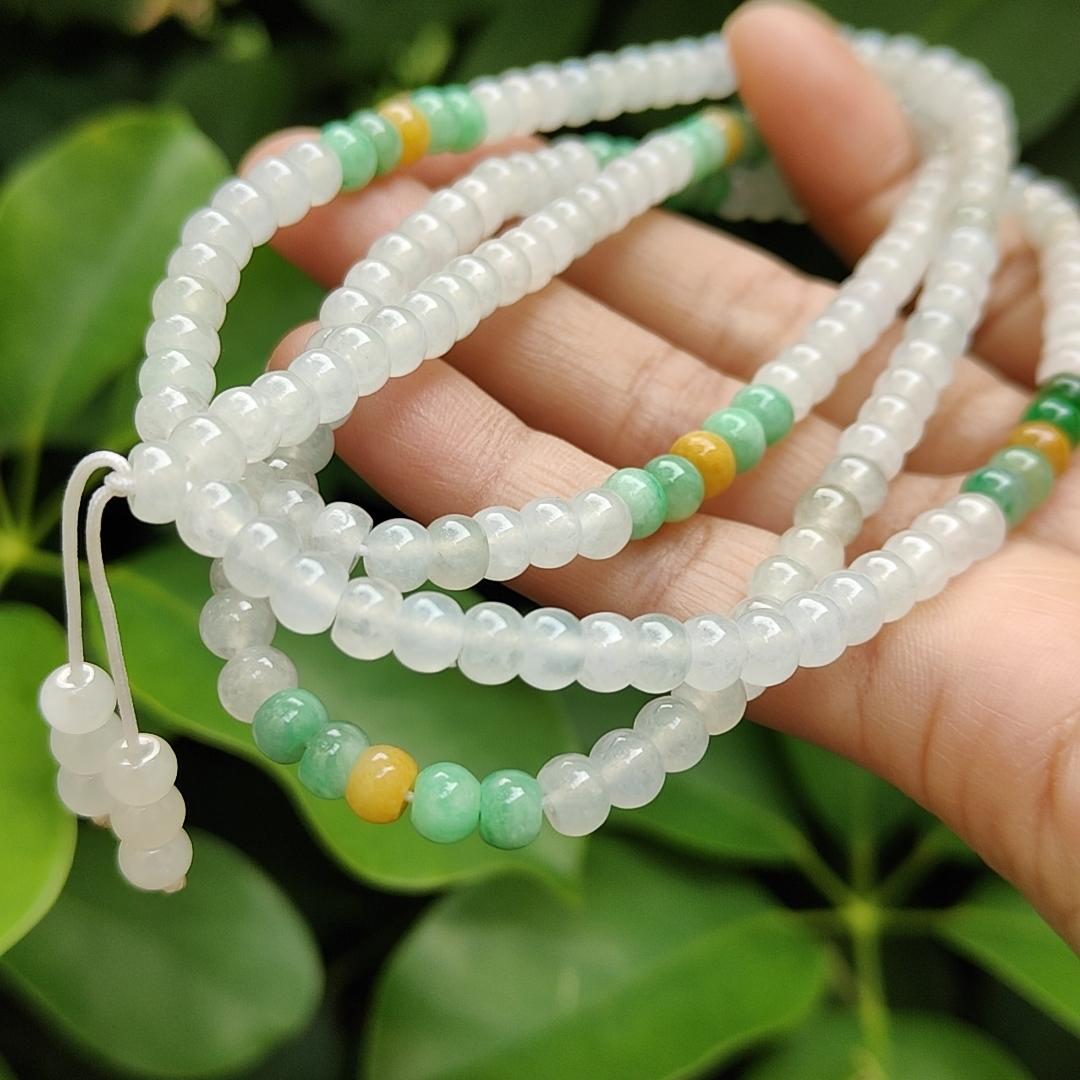 High Quality 90% Perfect 184 drum shape Icy * 154, Green * 24, Yellow * 6 Natural Type A Jadeite Jade Beads as Bracelet Necklace certificate weighs 49.19 grams, measurement 5.7 mm (bracelet29)