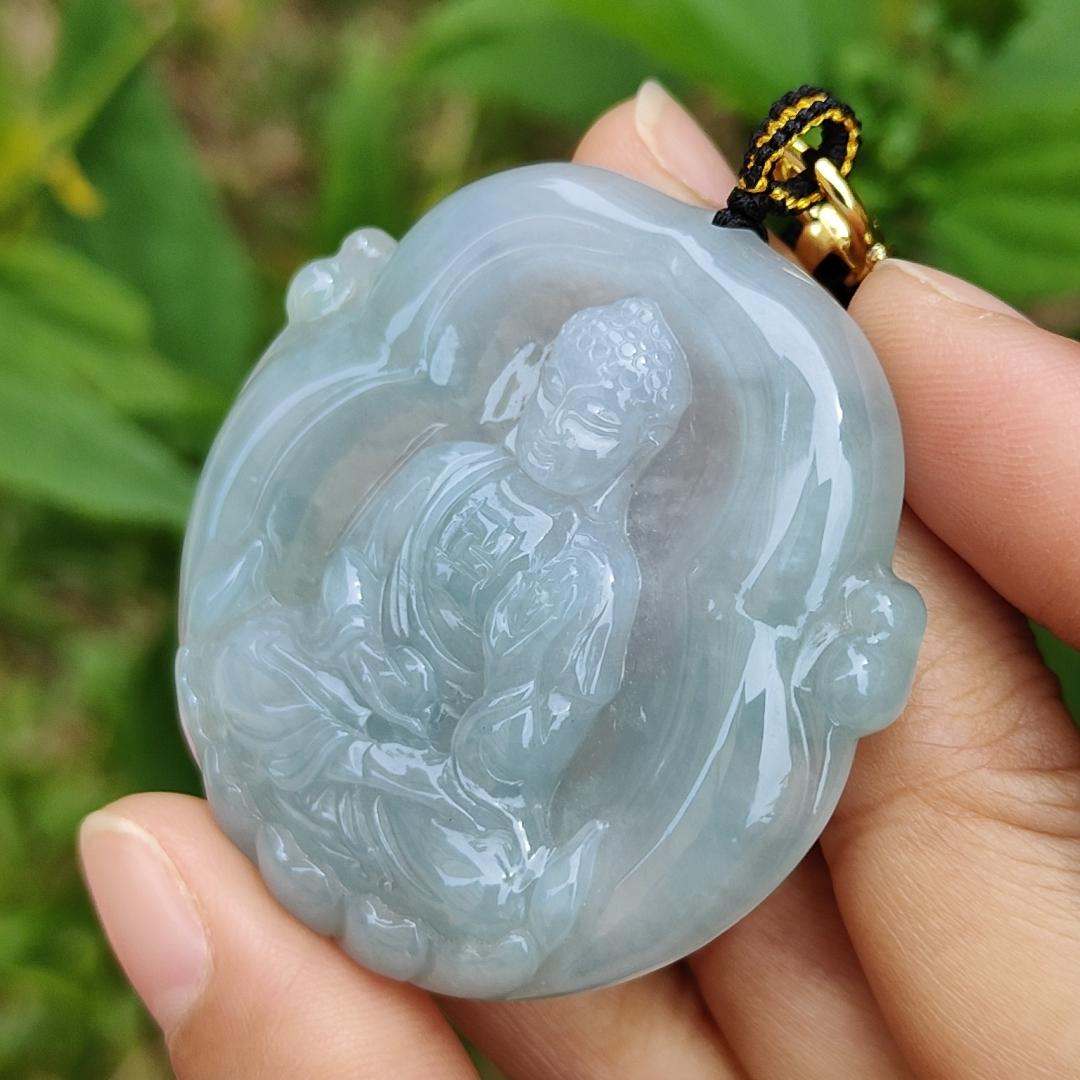 Semi Icy Bluish Green Hue Natural Type A Jadeite Pendant Crafted as Buddha with certificate included weigh 26.65 grams, 48.3 * 48.9 * 7 mm, suitable for daily wear