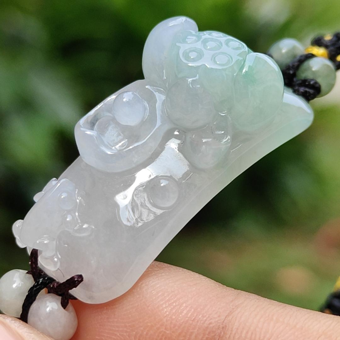 Light Green Natural Type A Jadeite Jade crafted with frog and Lotus as bracelet, certificate weigh 9.98 grams, measurement 33.9 * 14.1 * 12.3, (bracelet23)