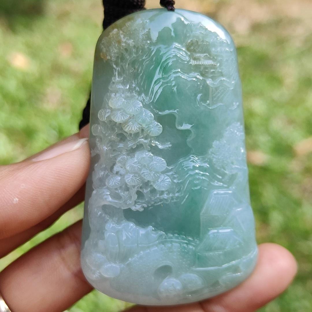 High Quality Light Green with Yellow Natural Type A Jadeite Jade crafted with sceneries as Pendant, certificate weighs 78.02 grams, measurement 66.1 * 40.5 * 13.3 mm (pendant280)