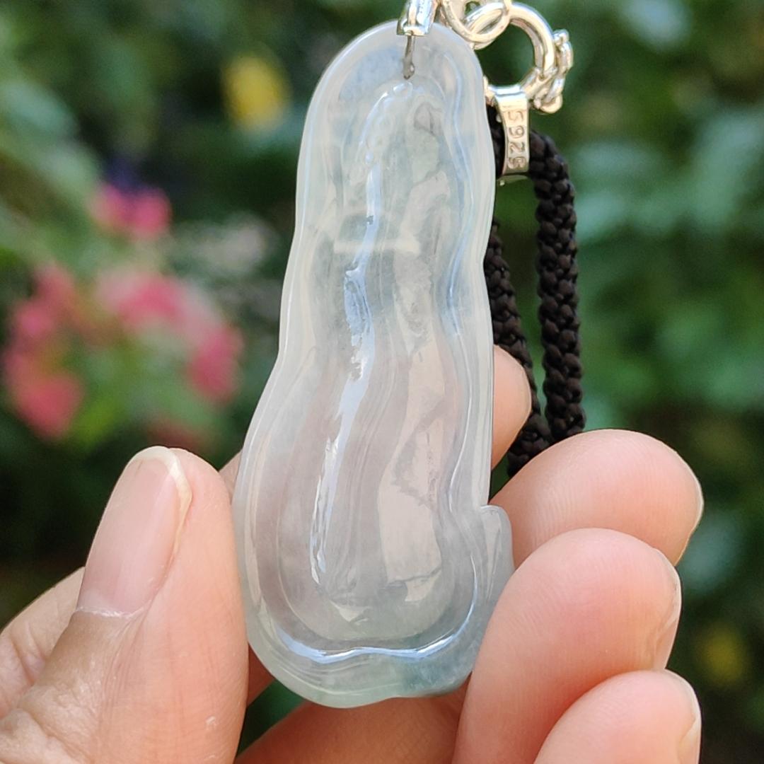 Icy variety Translucent with green Natural Type A Jadeite Pendant Necklace crafted as the faceless buddha with symbols of Holy and blessed blessings of wealth, prosperity and happiness with certificate weigh 11.02 grams, 49.9 * 19.9 * 7 mm (pendant34)