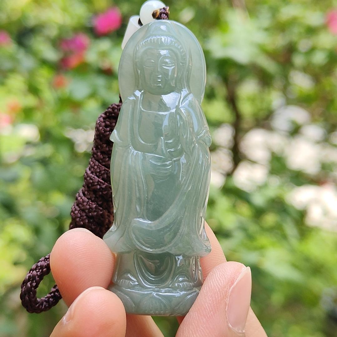 Good Quality Light Green Natural Type A Jadeite Jade crafted with standing Guanyin as Pendant, certificate weighs 31.45 grams, measurement 65.2 * 24.1 * 11 mm (pendant259)