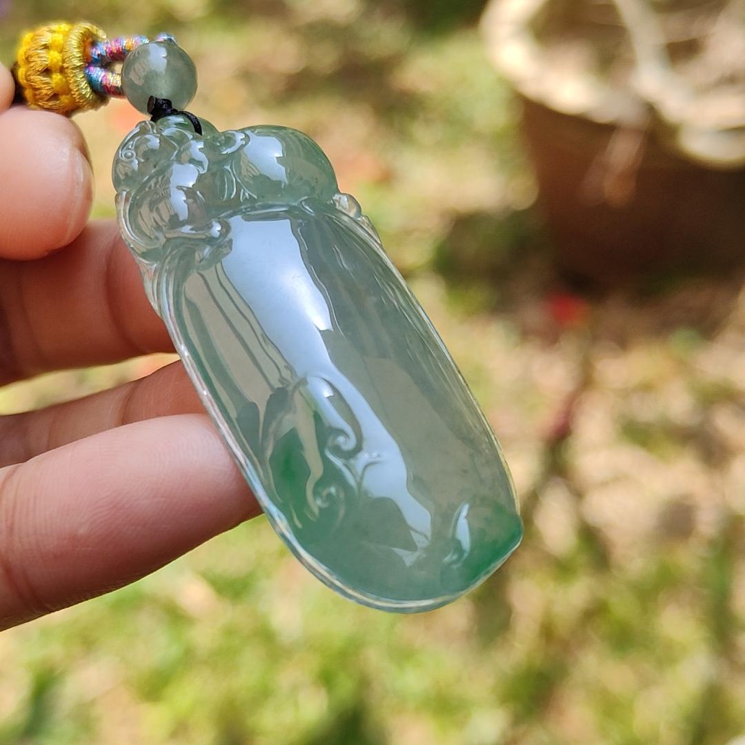 Premium Quality Icy Translucent Green with Green Patches Natural Type A Jadeite Jade crafted with Squirrel and Ruyi as Pendant, certificate weigh 17.83 grams, measurement 49.3 * 21 * 9.3 mm (pendant225)