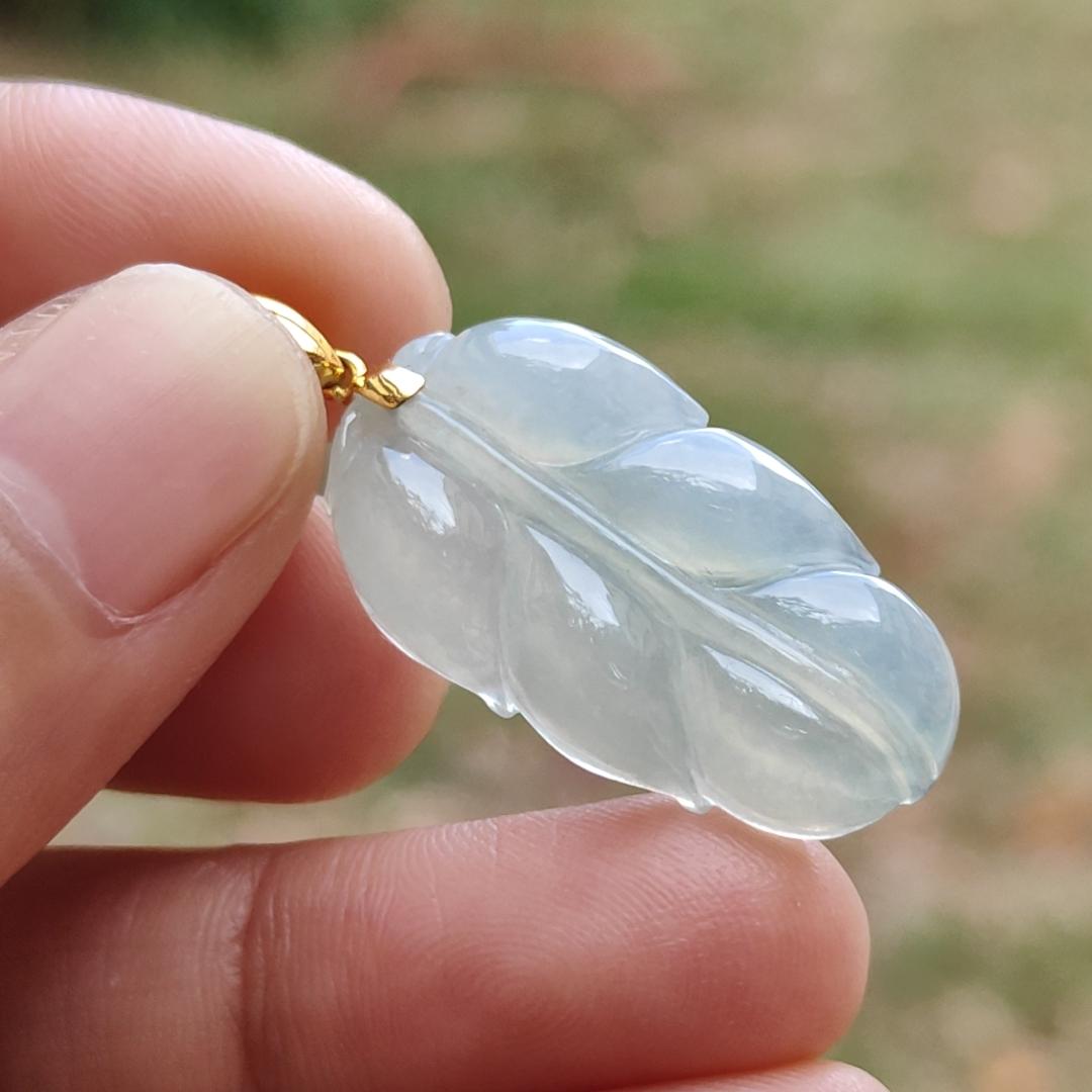 High Quality Icy Light Green Hue Natural Type A Jadeite Jade crafted as Leaf with 18k Gold Clasp, certificate weigh 3.85 grams, measurement 27.2 * 14.9 * 4.8 mm (18kp35)