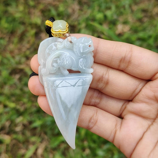 Bluish Light Lavender Natural Type A Jadeite Pendant crafted as Dragon Teeth with Pixiu and Ruyi, the symbols of Wealth and good luck, certificate weighs 27.63 grams, 67.3 * 33.2 * 7.8 mm, very suitable for daily wear (pendant58)