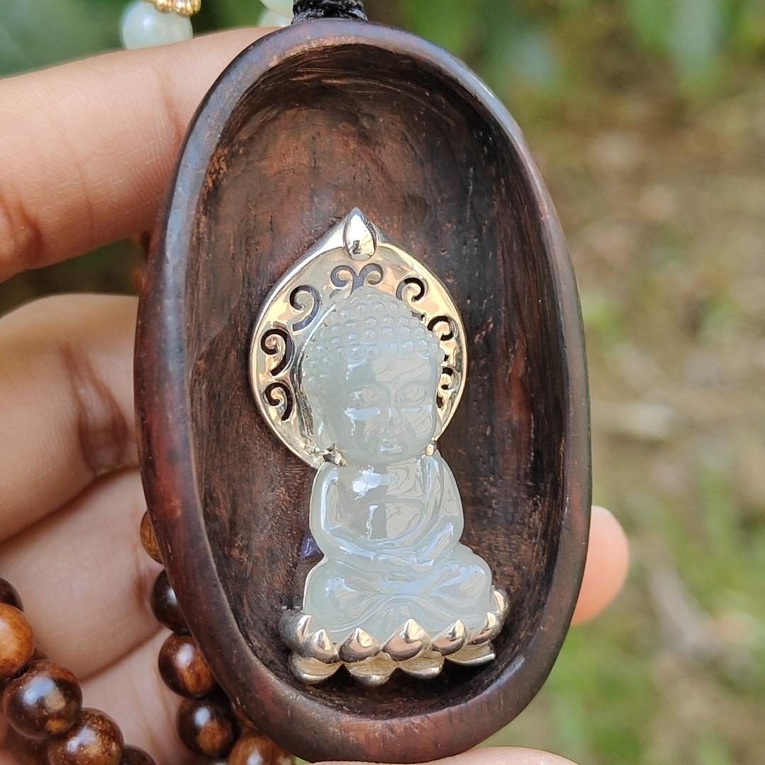 Semi Icy Good Translucent Natural Type A Jadeite Jade crafted as Buddha set on S925 and Sandalwood as Pendant, certificate weighs 31.79 grams, measurement 60.3 * 37.1 * 21.1 mm  (s925p2)