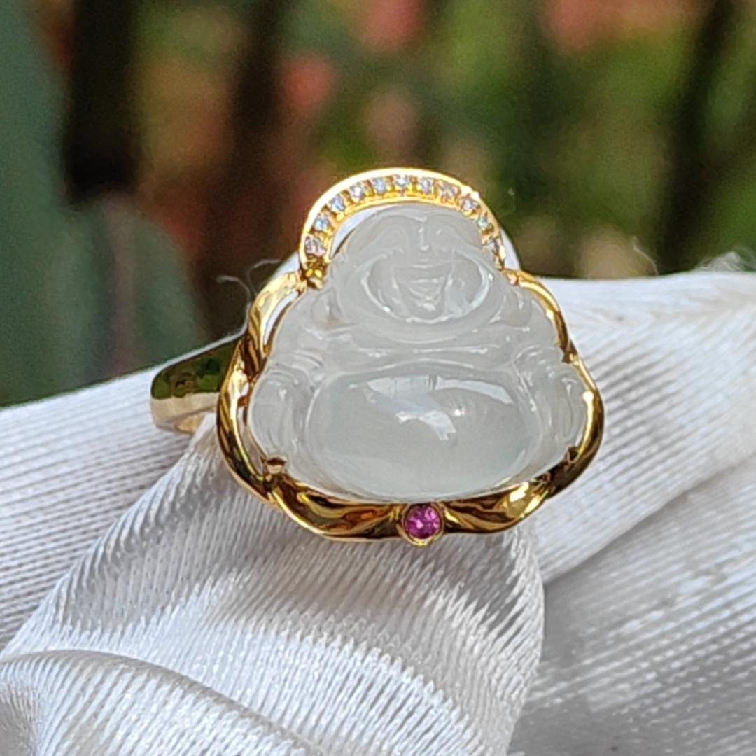 Premium Rare old pit Icy Natural Type A Jadeite Cabochon crafted as Laughing Buddha setting on G18K Gold as Ring with finger size 17.6mm, Certificate included weigh 3.23 grams, Jade measurement 12.8 * 14.8 * 4.1 mm (18kring5)