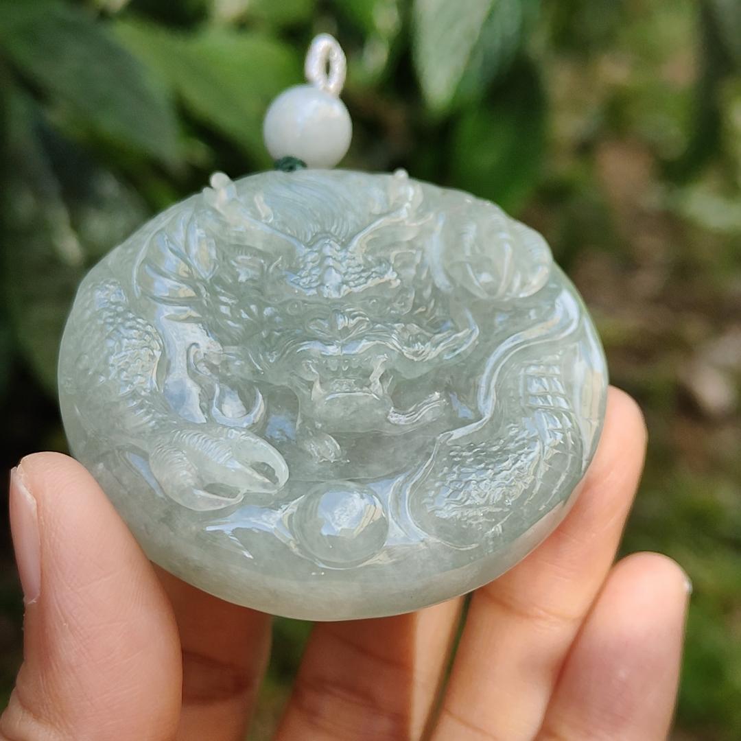 Premium Full Light Green Natural Type A Jadeite Jade Pendant Necklace crafted with Dragon with good glossy shines, certificate included weigh 77.81 grams, 55.5 * 55.5 * 13.8 mm (pendant169)