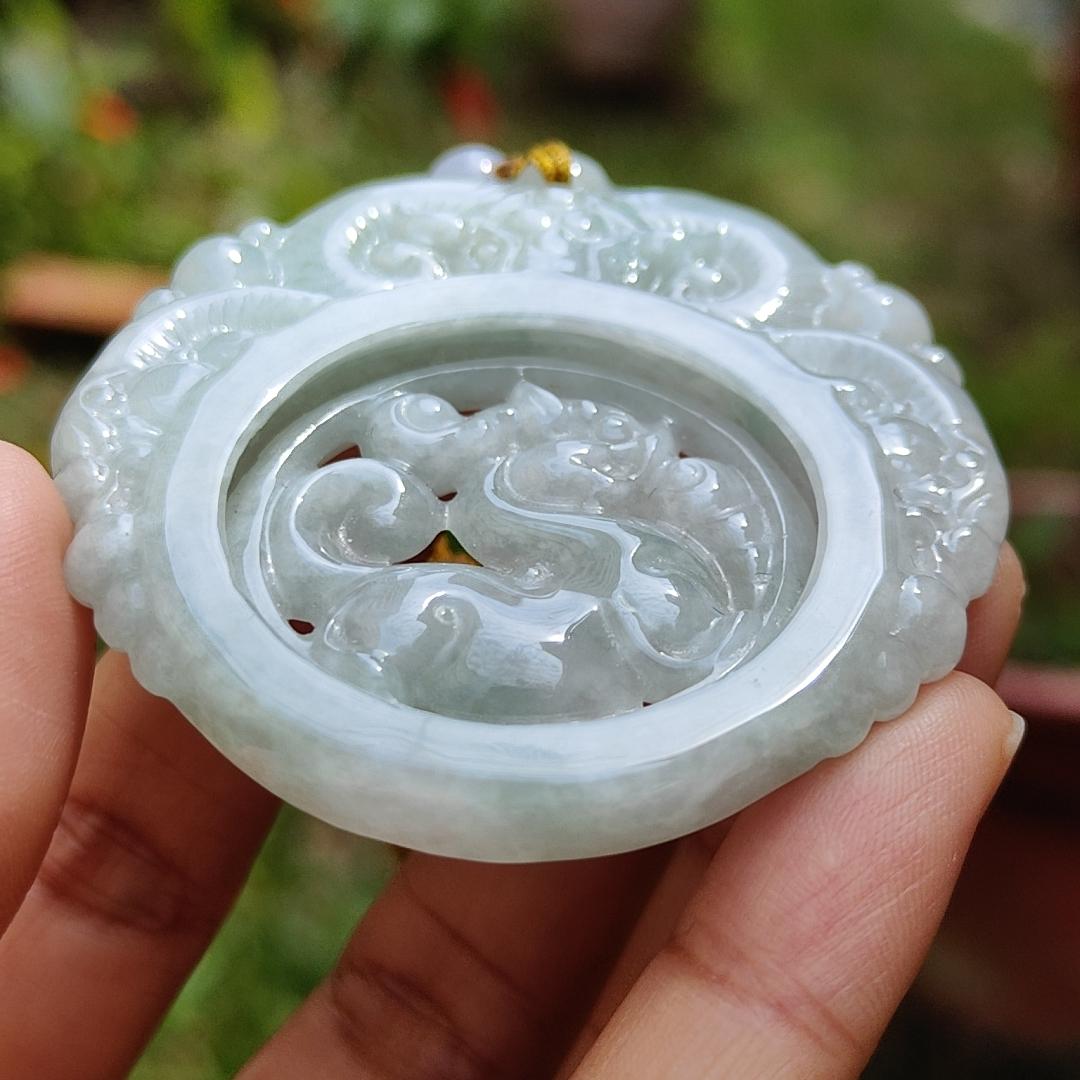 Light Green Hue Natural Type A Jadeite Jade Crafted with 3 Sheeps and Pixiu Hollow Old School Style as a Pendant with certificate weigh 30.99 grams, measurement 56.5 * 55.2 * 6 mm (pendant203)