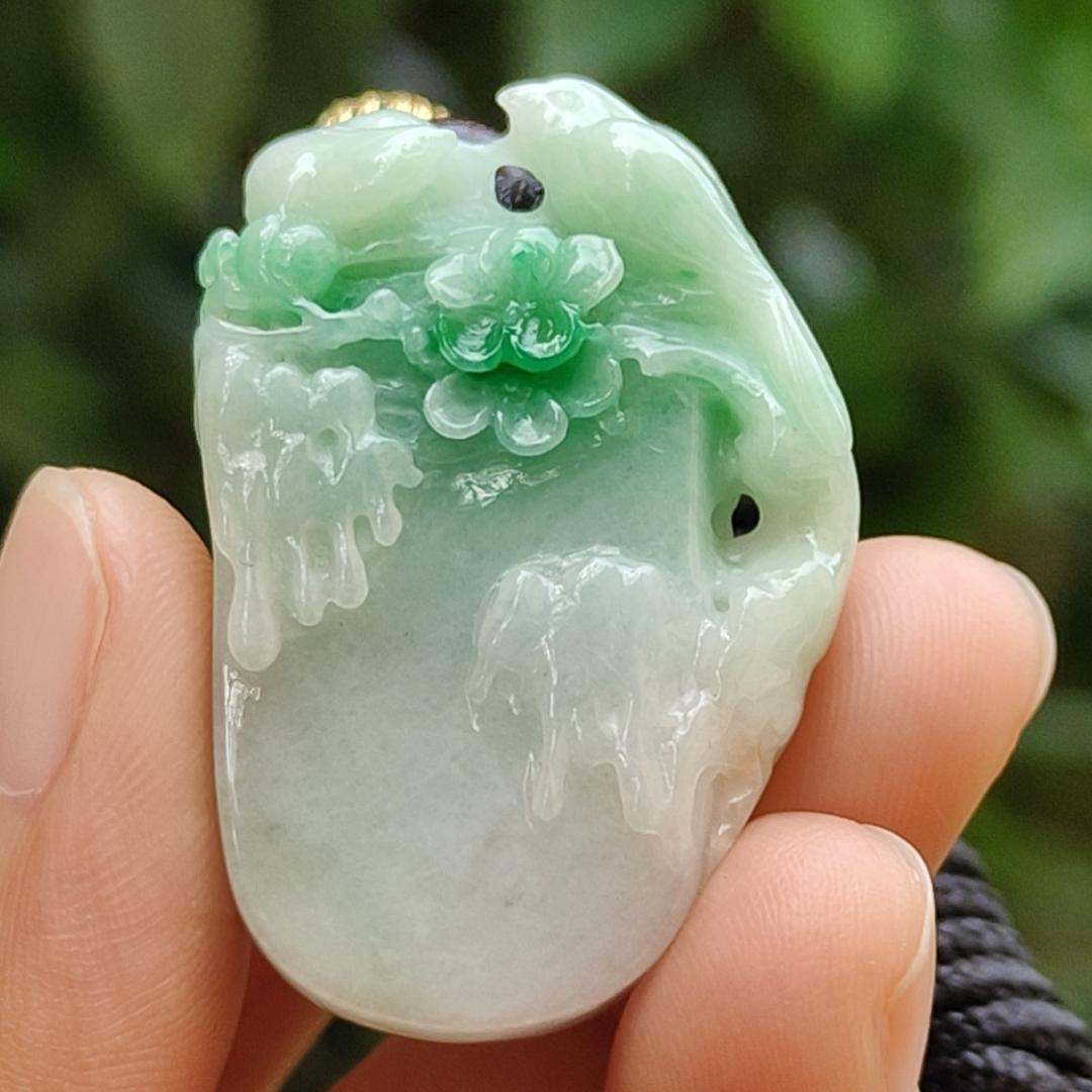 Beautifully crafted with birds and flower light green Natural Type A Jadeite Jade as Pendant, certificate weighs 18.63 grams, measurement 38.3 * 25.9 * 9.6 (pendant247)