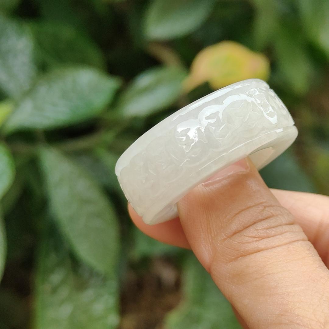 Quality White Natural Type A Jadeite Jade crafted with many coins as Ring with Finger size 21 mm, QIC approved labs certificate weigh 22.07 grams, measurement 12.5 * 6.7 mm (ring6)