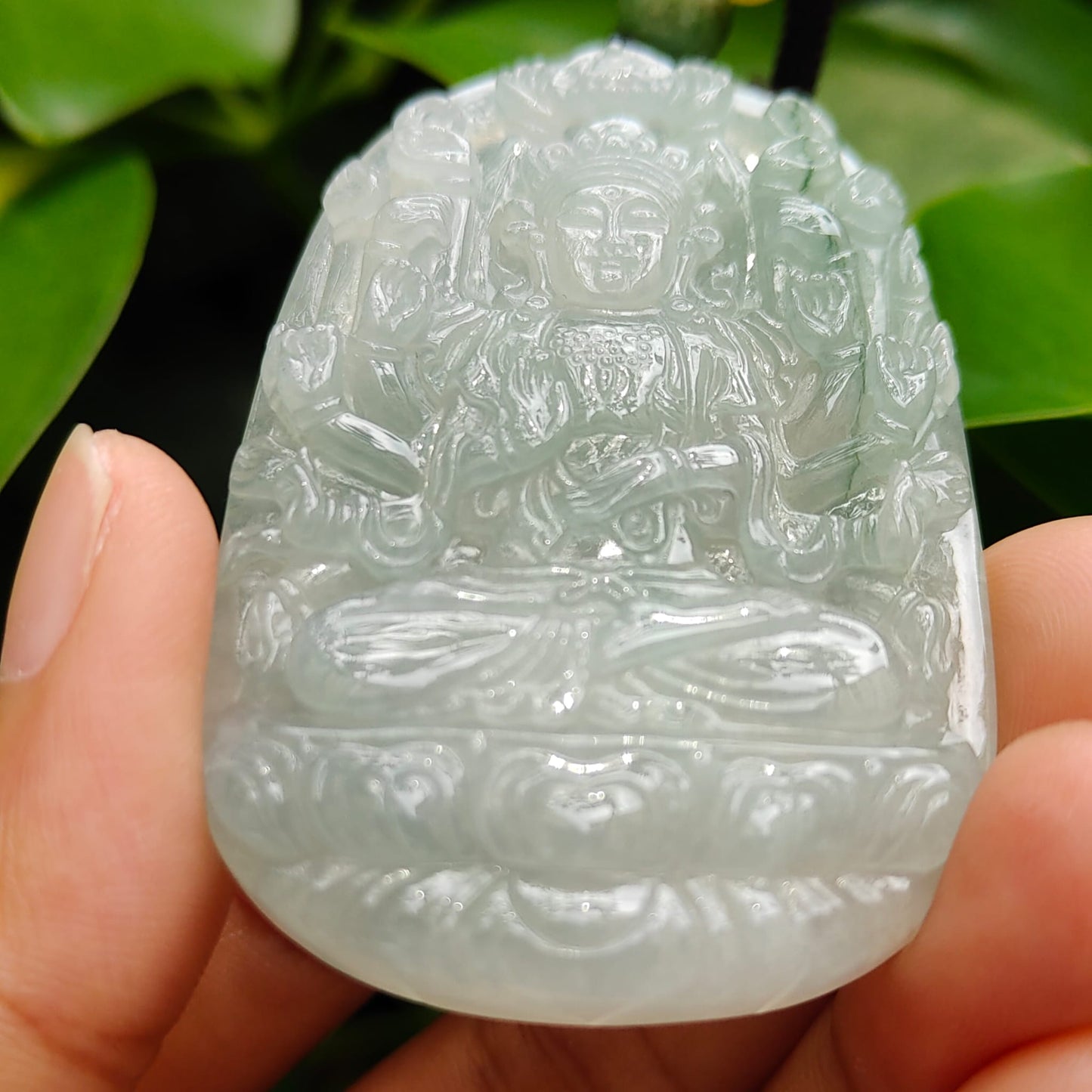 High Quality Light Green Hue Good Translucent Natural Type A Jadeite Jade crafted with Thousand Hands Guanyin as Pendant, certificate weighs 31.12 grams, measurement 57.6 * 38.4 * 6.8 mm (pendant293)