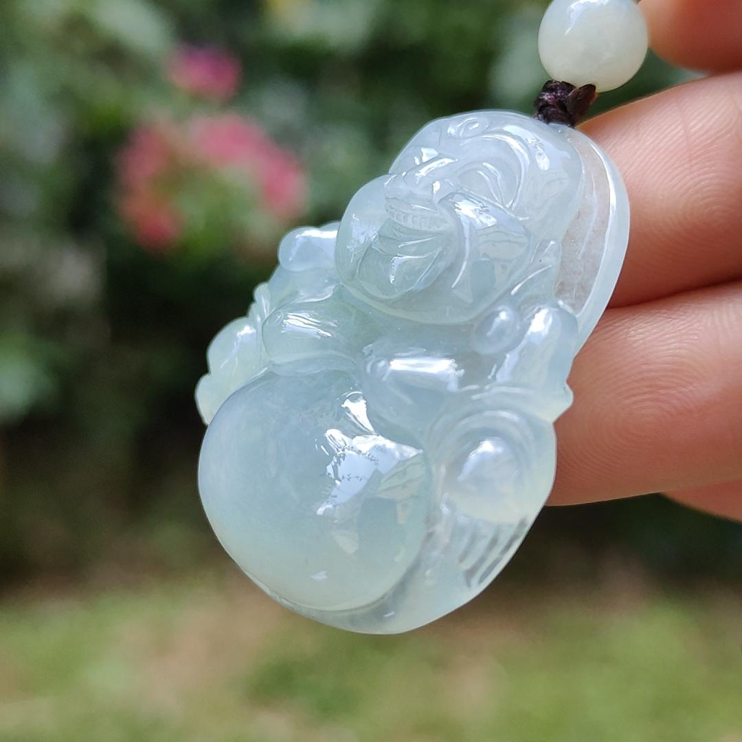 Premium Quality with good density and light green bluish hue Natural Type A Jadeite Pendant Necklace crafted with Laughing Buddha, certificate included weigh 17.14 grams, 36.7 * 34.2 * 8.7 mm, a good collection or for your daily wear (pendant32)