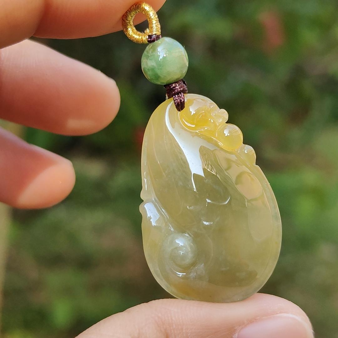 Rare Yellow Natural Type A Jadeite Jade crafted with Dragon Playing with Pearls as Pendant, certificate weigh 6.33 grams, measurement 32 * 21 * 6.5 mm (pendant217)