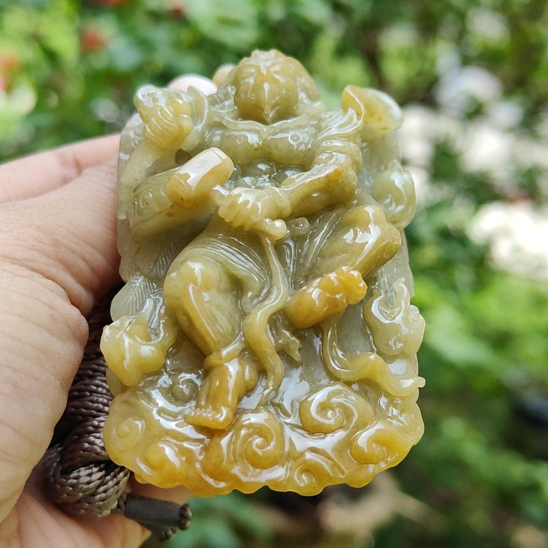 Super Rare Yellow with Light Green Hue Natural Type A Jadeite Jade crafted with shape of Lei Zhenzi as Pendant, certificate weighs 79.58 grams, measurement 69.8 * 42 * 19.5 (pendant257)