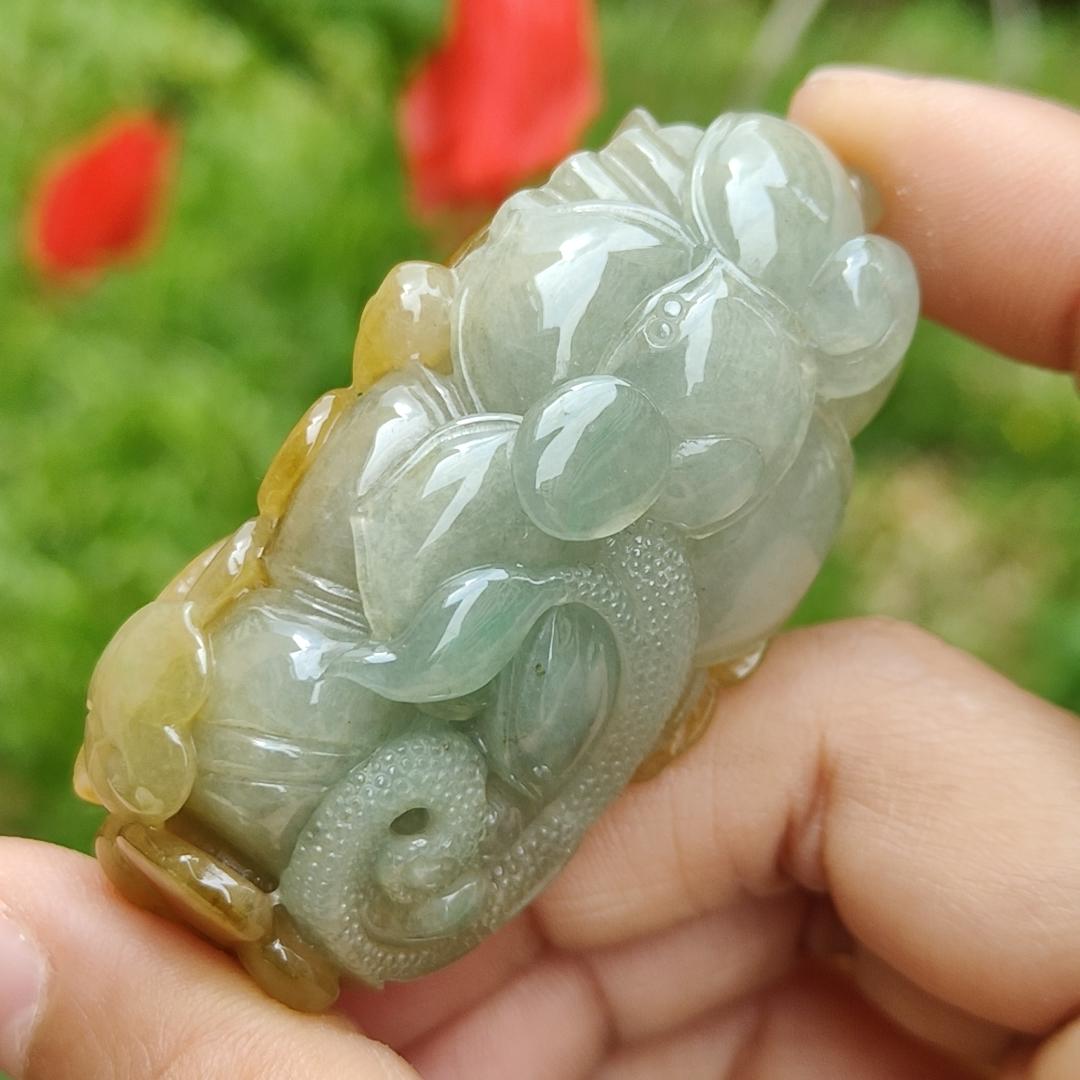 Super Rare High Quality Light Green and Yellow Natural Type A Jadeite Jade crafted with Dragonfly and Ruyi as Pendant, certificate weighs 60.60 grams, measurement 60 * 32.1 * 22.3 mm (pendant260)